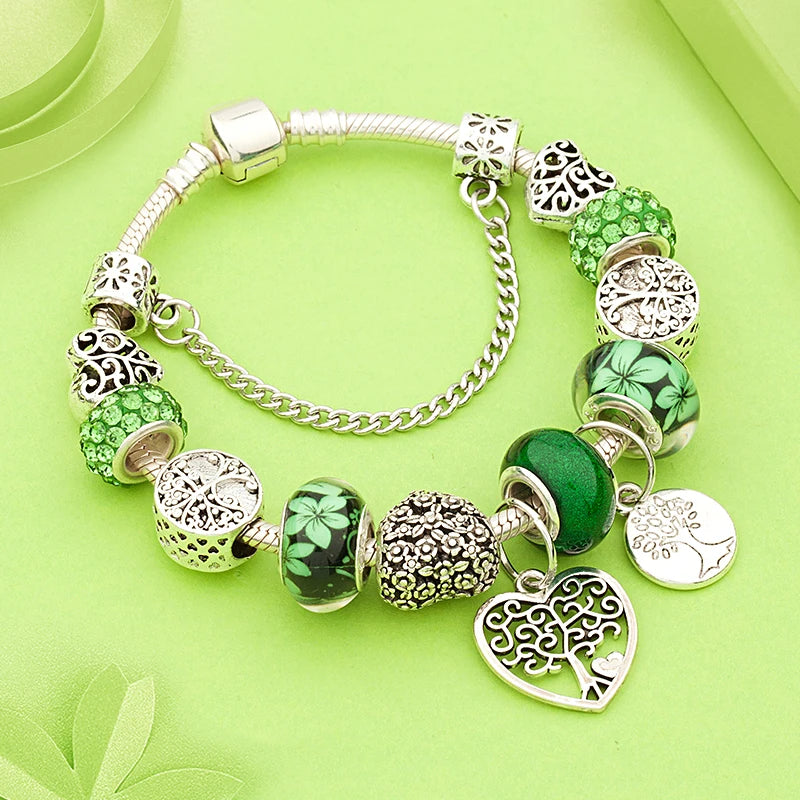 Antique Tibetan Silver Tree of Life Charm Bracelets Green Crystal Flower Bead Bracelet with Heart Diy Jewelry Pulsera Mujer