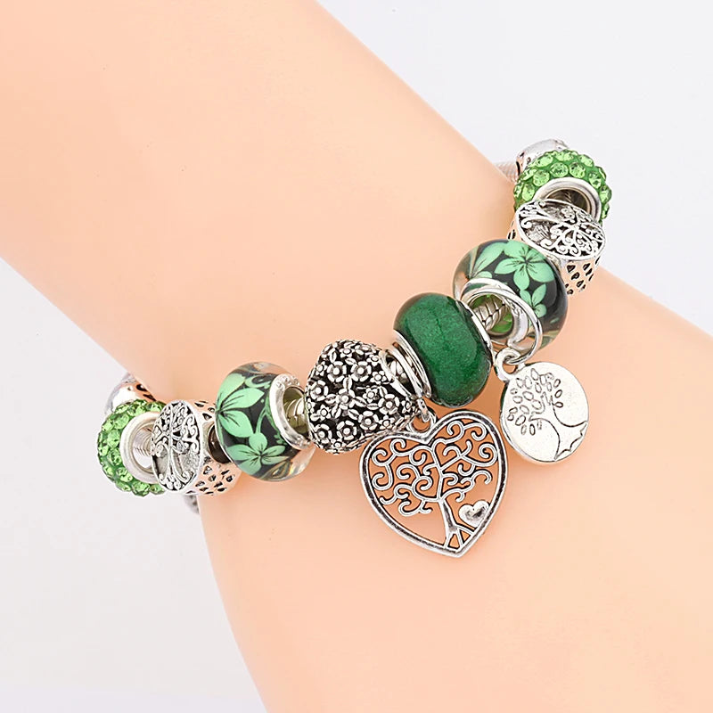 Antique Tibetan Silver Tree of Life Charm Bracelets Green Crystal Flower Bead Bracelet with Heart Diy Jewelry Pulsera Mujer