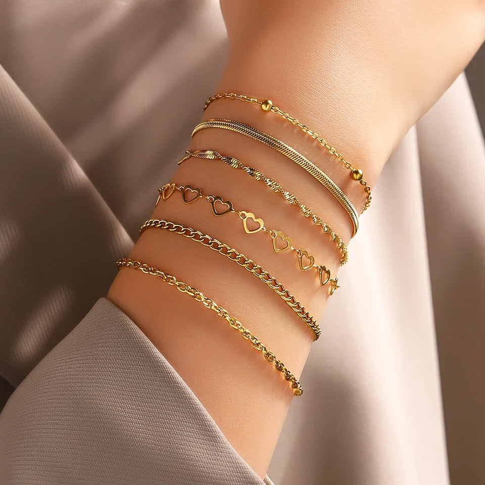 6pcs Stainless Steel Women's Chain Bracelet Set, Waterproof Jewelry, Fashionable Matching, Party, Holiday Gift