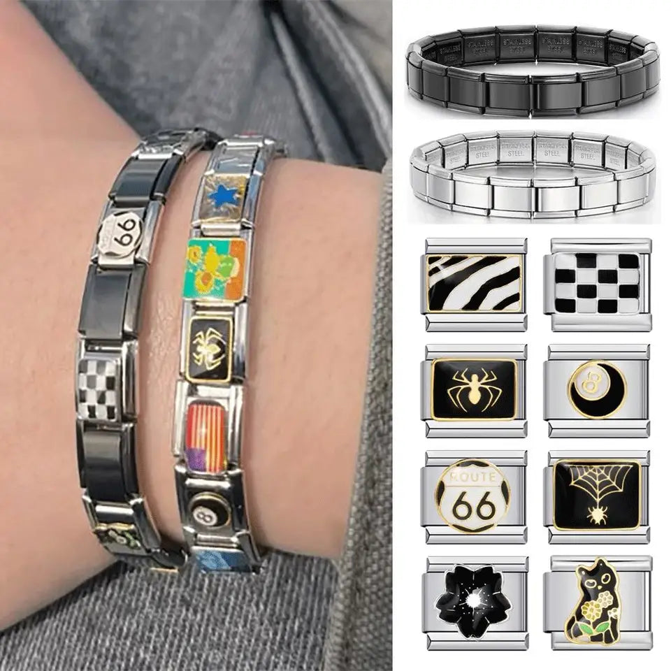 Personalized DIY Black Silver Color Italian Charm Bracelet Spider Cat Zebra Stripes Bead 9mm Bracelet Stainless Steel Jewelry