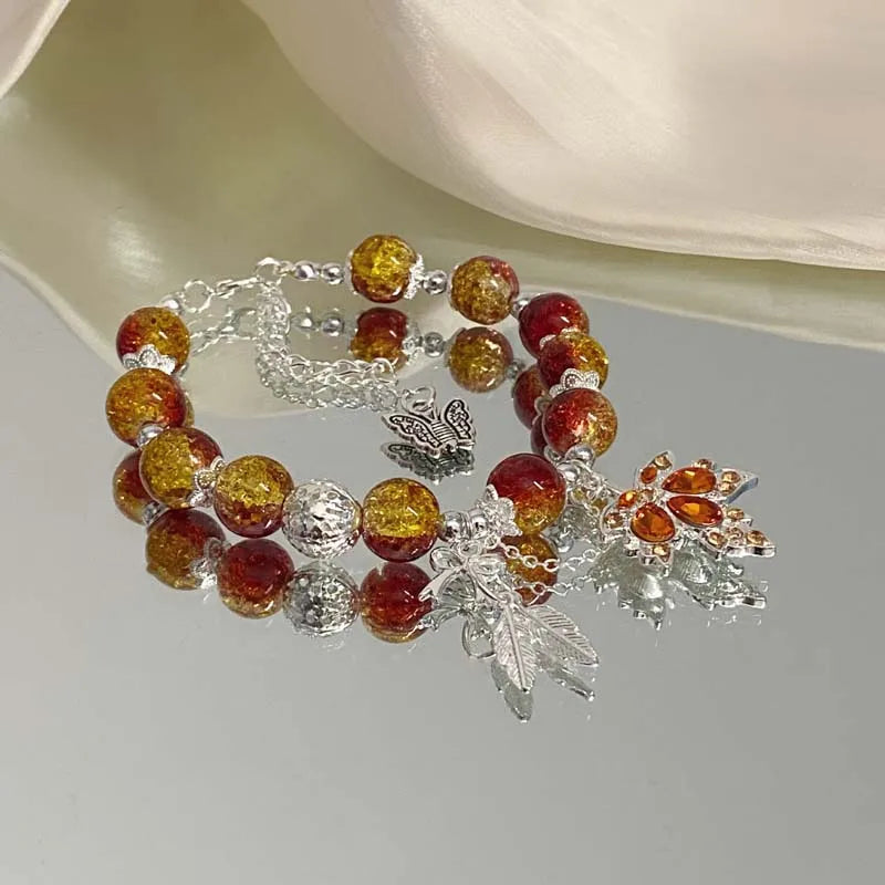 New Trendy Red Crystal Beaded Maple Leaf Bracelet for Women Fashion Butterfly Feather Pendant Bracelet Friendship Jewelry Gift