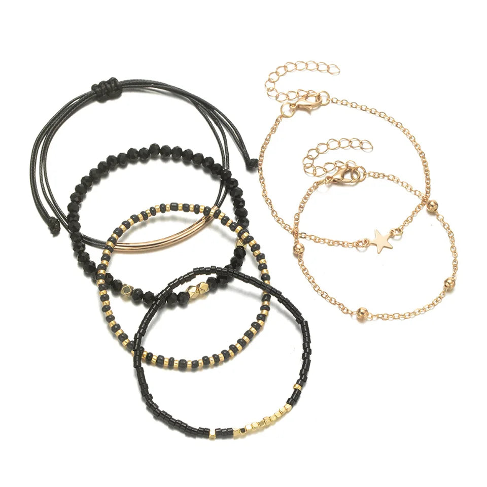 6Pcs Black Beads Chain Bracelet Set For Women Gold Color Star Charm Elastic Bangle Female Fashion Jewelry Gift