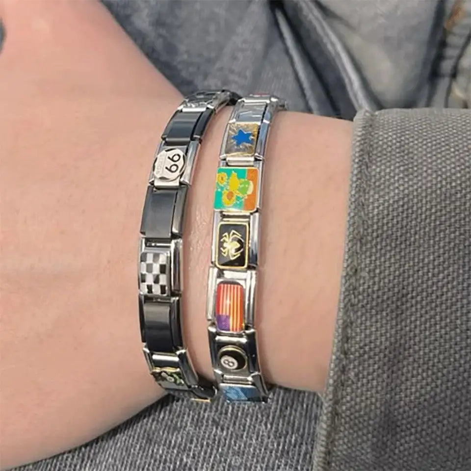 Personalized DIY Black Silver Color Italian Charm Bracelet Spider Cat Zebra Stripes Bead 9mm Bracelet Stainless Steel Jewelry