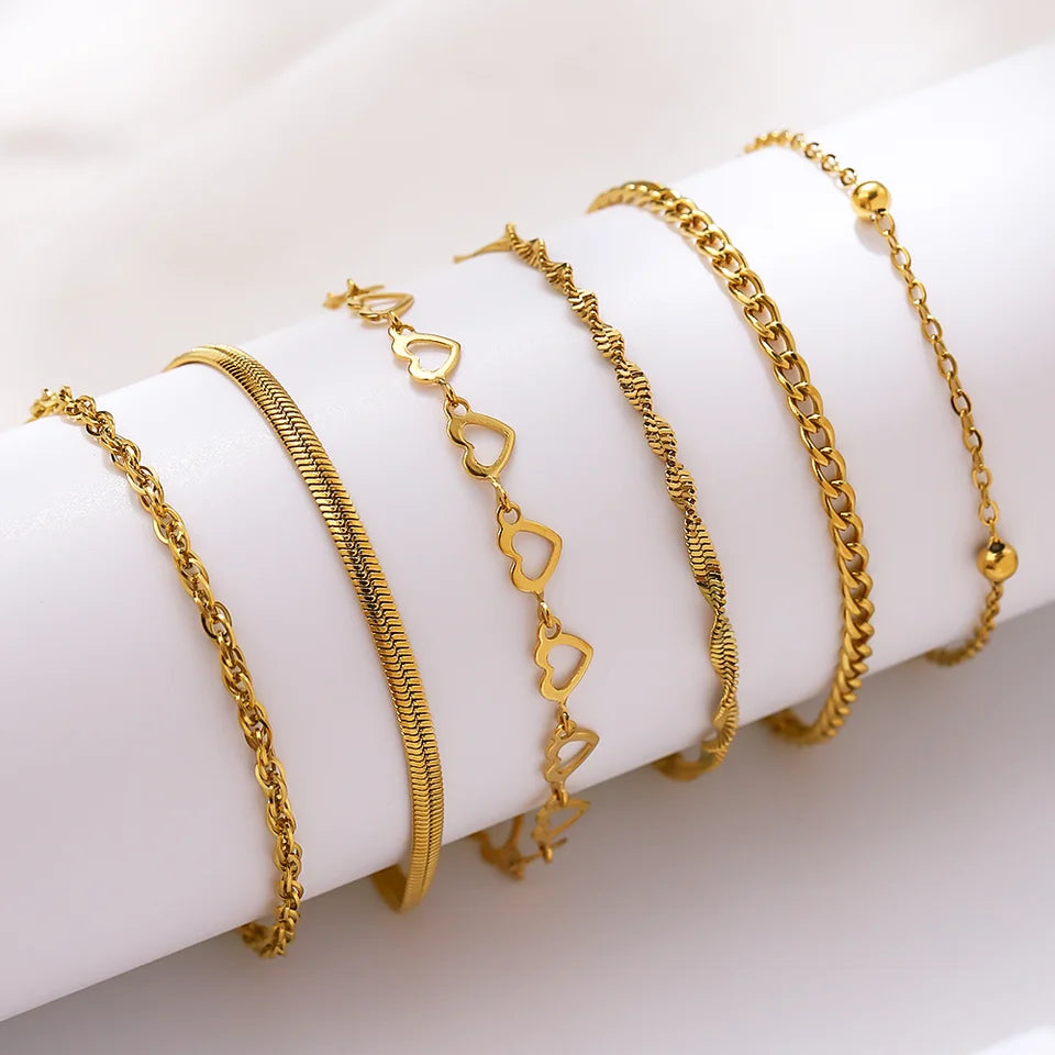 6pcs Stainless Steel Women's Chain Bracelet Set, Waterproof Jewelry, Fashionable Matching, Party, Holiday Gift