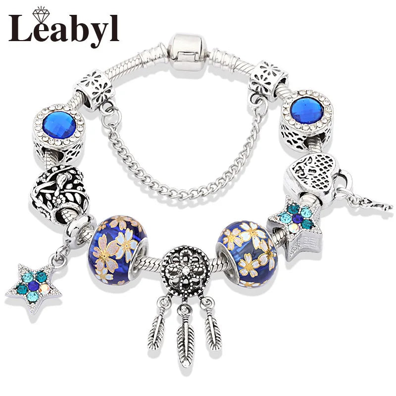 Antique Tibetan Silver Tree of Life Charm Bracelets Green Crystal Flower Bead Bracelet with Heart Diy Jewelry Pulsera Mujer