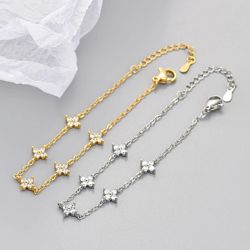 925 Silver Plated Cz Four-leaf Flower Bracelet for Women Shiny Zircon Flower Adjustable Link Chain Bracelet Cute Dainty Jewelry