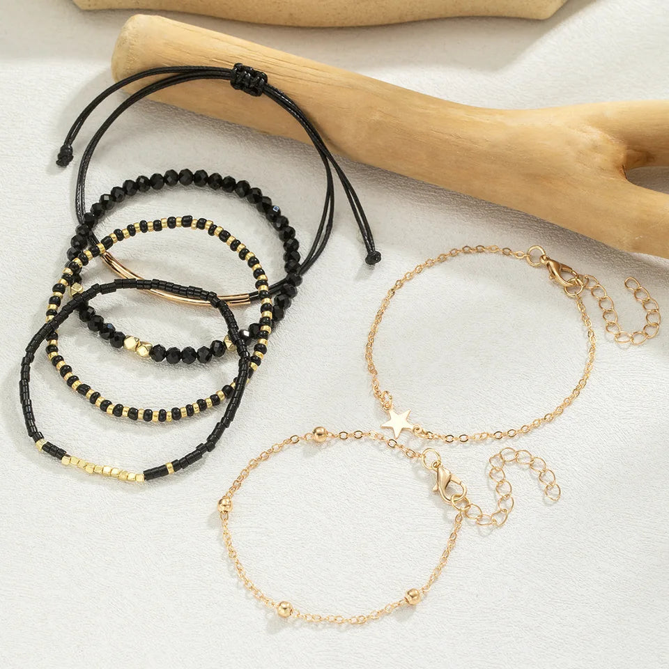 6Pcs Black Beads Chain Bracelet Set For Women Gold Color Star Charm Elastic Bangle Female Fashion Jewelry Gift