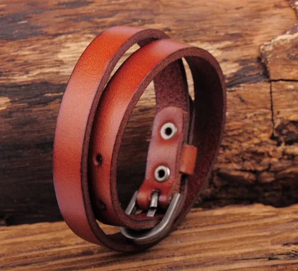 G522 Light Brown Punk Biker Cool Metal Buckle Double Wrap Leather Bracelet Cuff Men's
