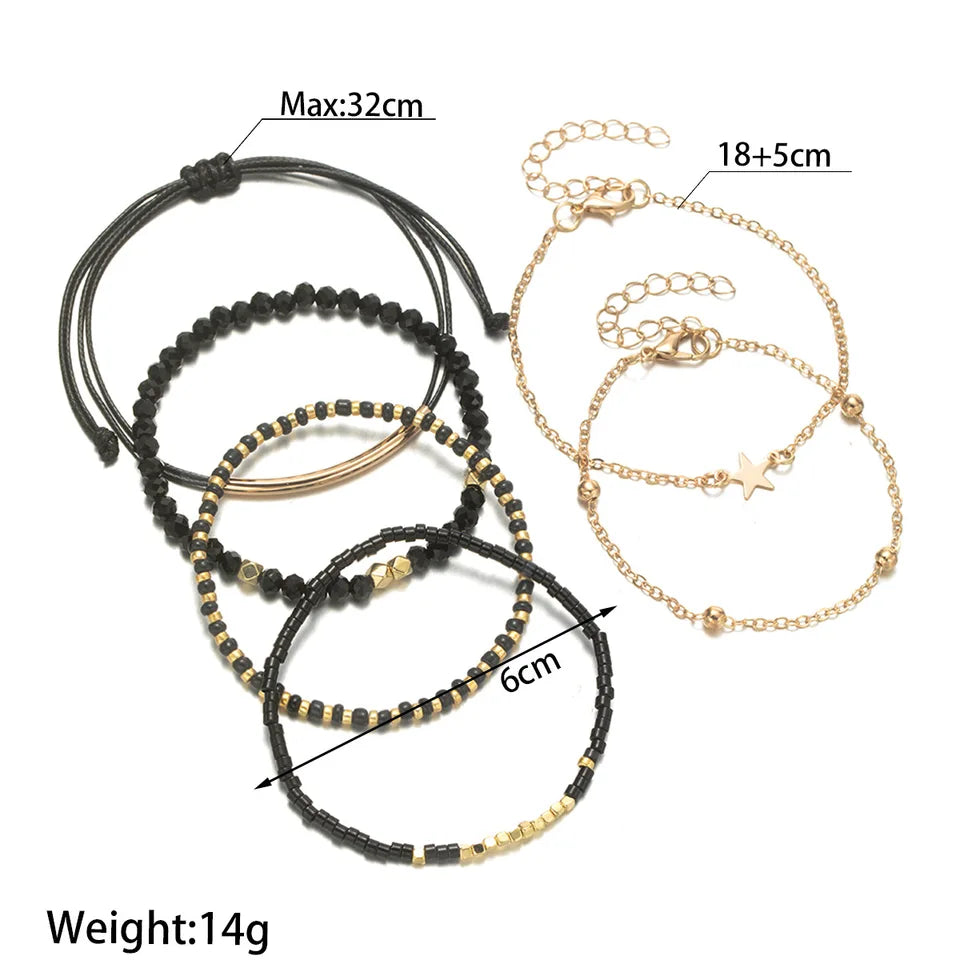 6Pcs Black Beads Chain Bracelet Set For Women Gold Color Star Charm Elastic Bangle Female Fashion Jewelry Gift