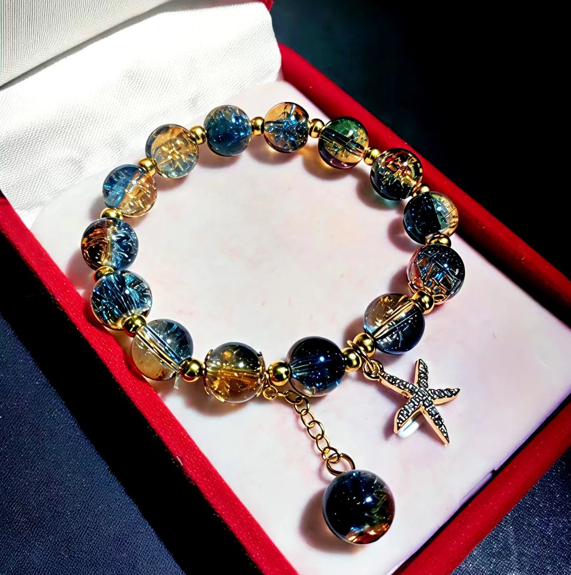 Bohemian Blue Gradient Crystal Beaded Bracelet Women Ocean Style Starfish Pendant Charm Bracelet Fashion Handmade Jewelry Gift