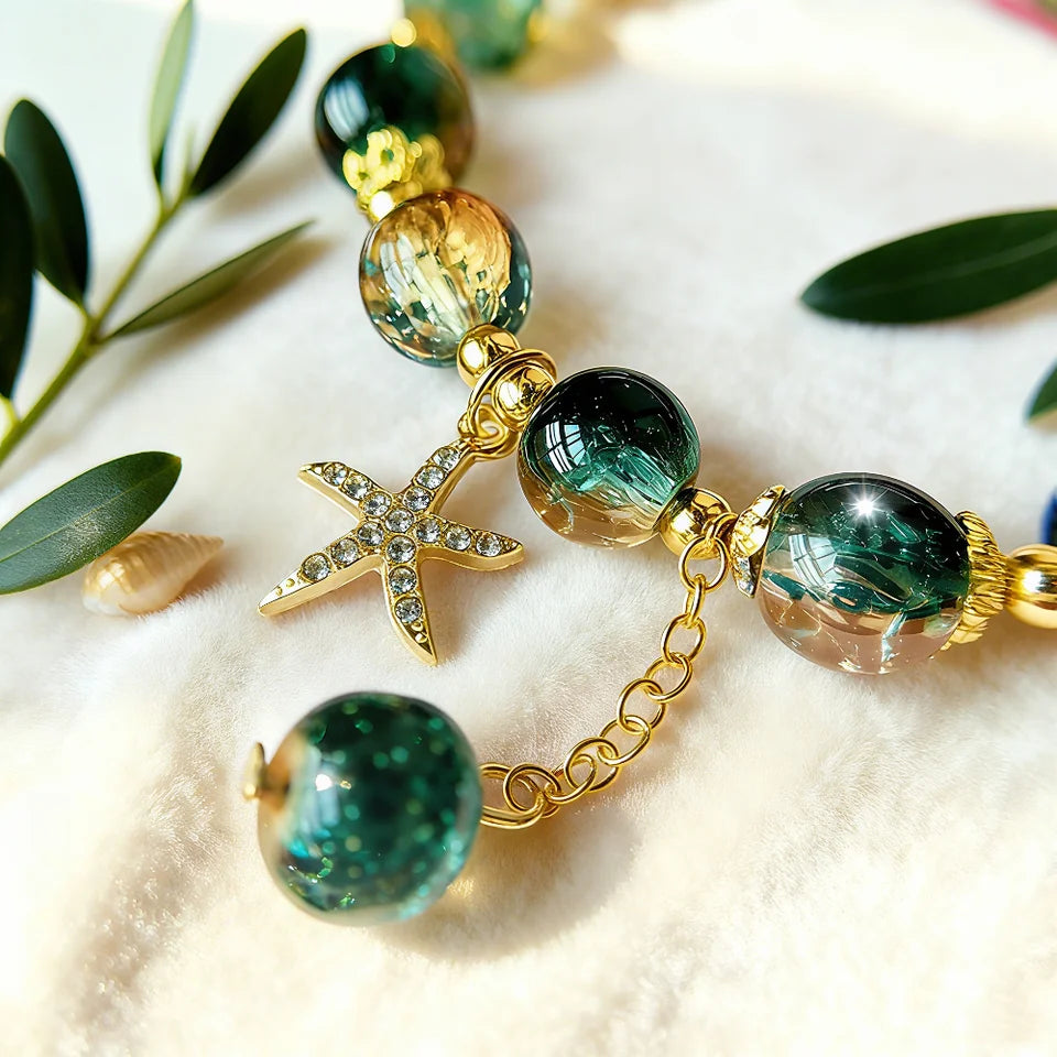Bohemian Blue Gradient Crystal Beaded Bracelet Women Ocean Style Starfish Pendant Charm Bracelet Fashion Handmade Jewelry Gift