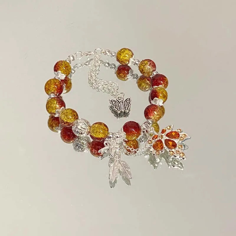 New Trendy Red Crystal Beaded Maple Leaf Bracelet for Women Fashion Butterfly Feather Pendant Bracelet Friendship Jewelry Gift