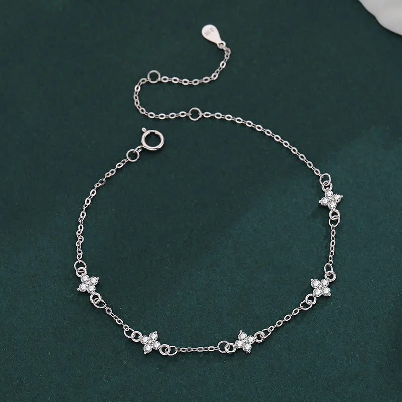 925 Silver Plated Cz Four-leaf Flower Bracelet for Women Shiny Zircon Flower Adjustable Link Chain Bracelet Cute Dainty Jewelry