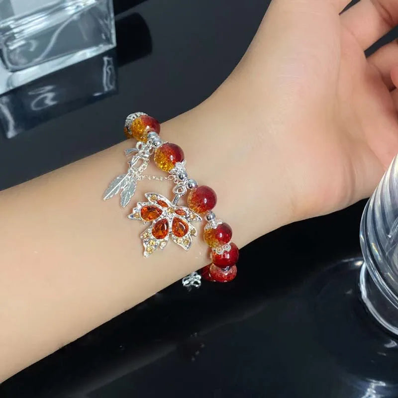 New Trendy Red Crystal Beaded Maple Leaf Bracelet for Women Fashion Butterfly Feather Pendant Bracelet Friendship Jewelry Gift