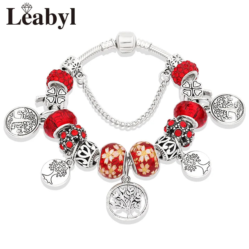 Antique Tibetan Silver Tree of Life Charm Bracelets Green Crystal Flower Bead Bracelet with Heart Diy Jewelry Pulsera Mujer