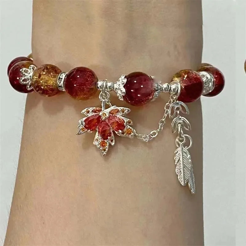 New Trendy Red Crystal Beaded Maple Leaf Bracelet for Women Fashion Butterfly Feather Pendant Bracelet Friendship Jewelry Gift