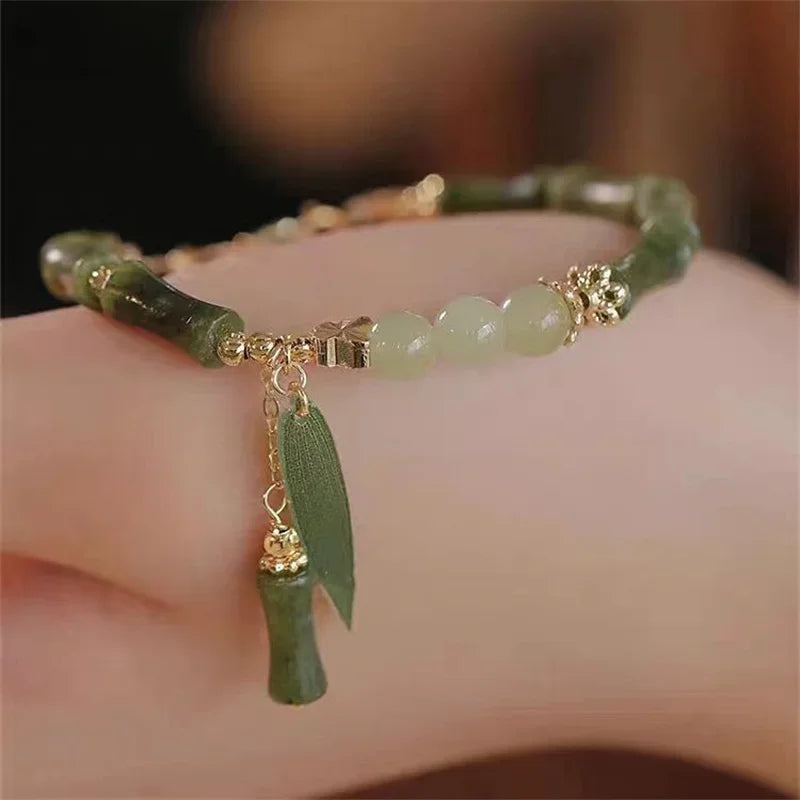 1Pcs Handmade Green Color Natural Stone Bamboo Joint Leaves Tassel Beads Strand Beaded Bracelet for Women  Accessories