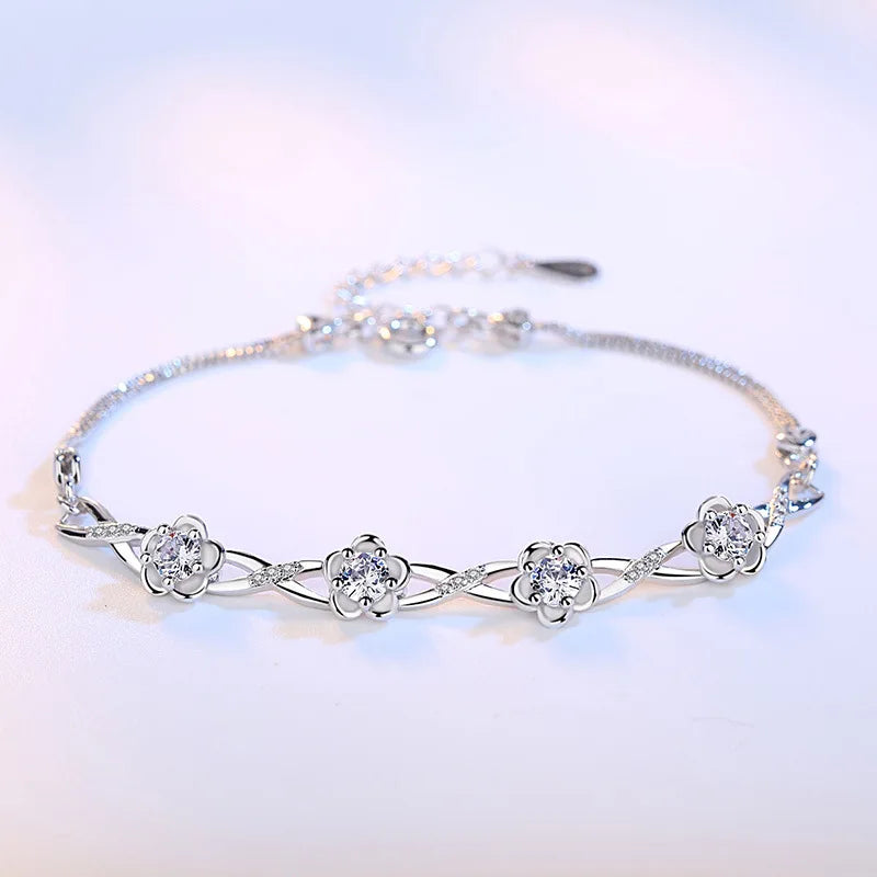Authentic S925 Sterling Silver Crystal Vintage Plum Blossom Flower Bracelet Bangle For Women Girl Lady Wedding Birthday Gift