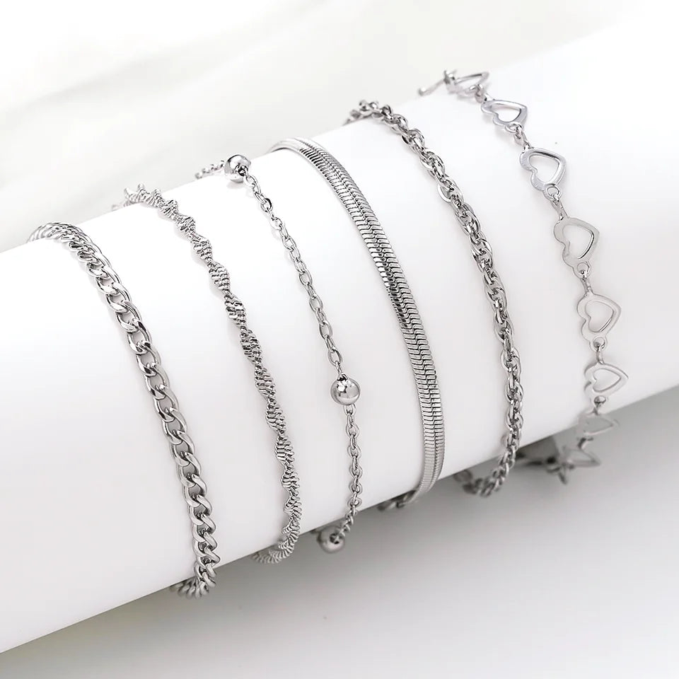 6pcs Stainless Steel Women's Chain Bracelet Set, Waterproof Jewelry, Fashionable Matching, Party, Holiday Gift