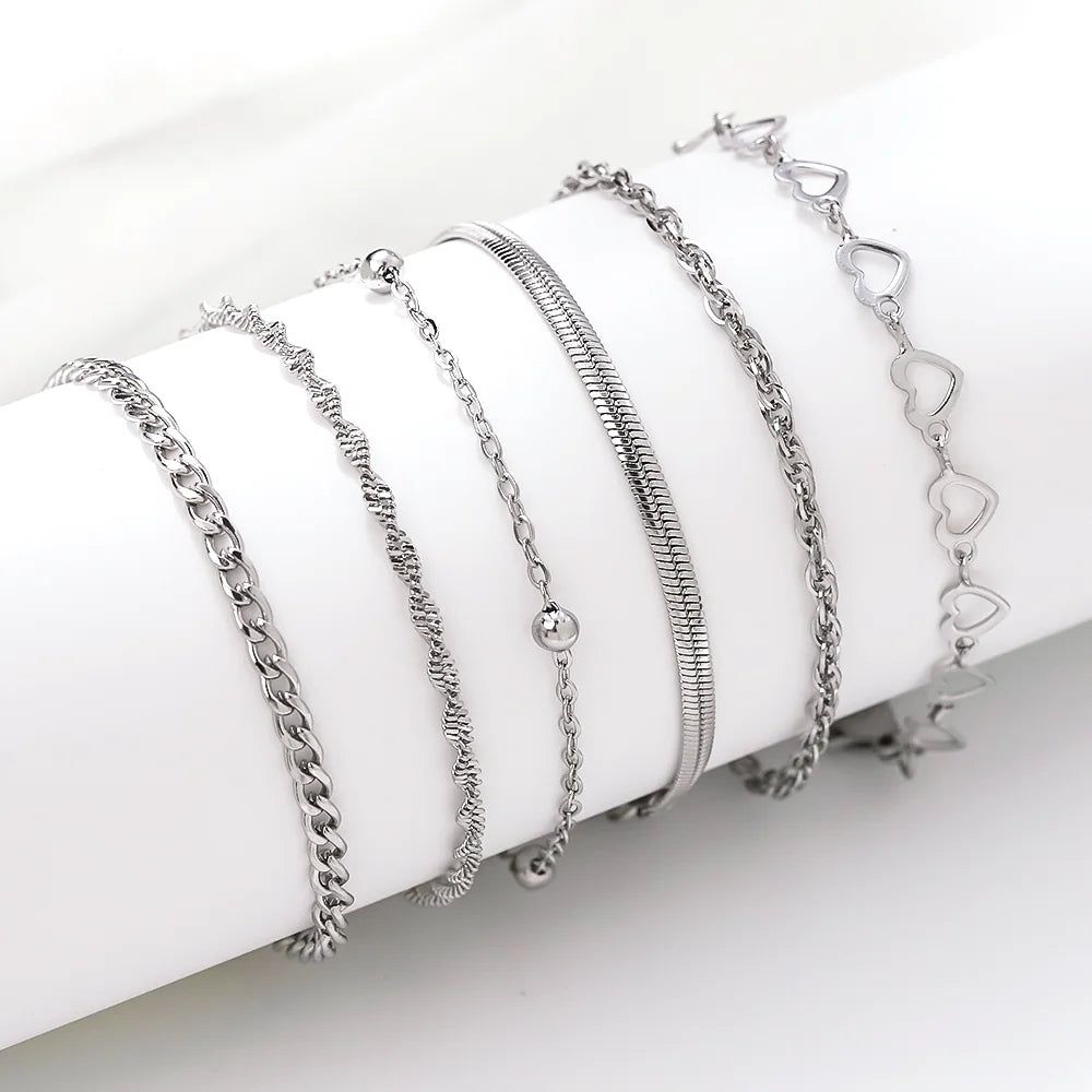 6pcs Stainless Steel Women's Chain Bracelet Set, Waterproof Jewelry, Fashionable Matching, Party, Holiday Gift