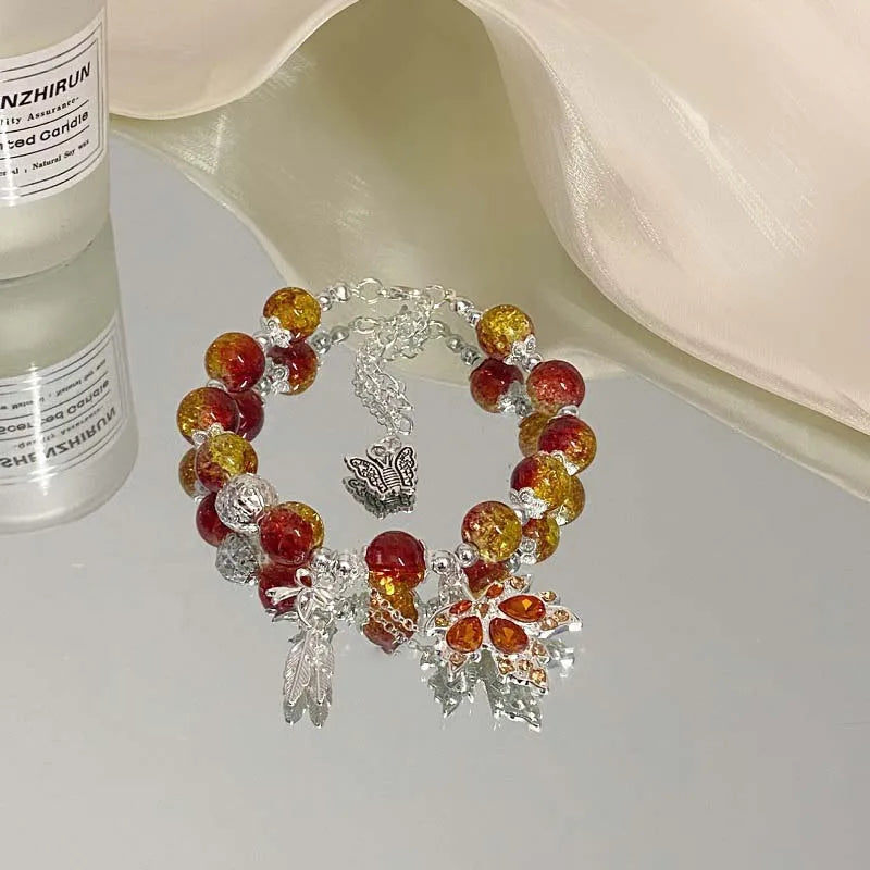 New Trendy Red Crystal Beaded Maple Leaf Bracelet for Women Fashion Butterfly Feather Pendant Bracelet Friendship Jewelry Gift