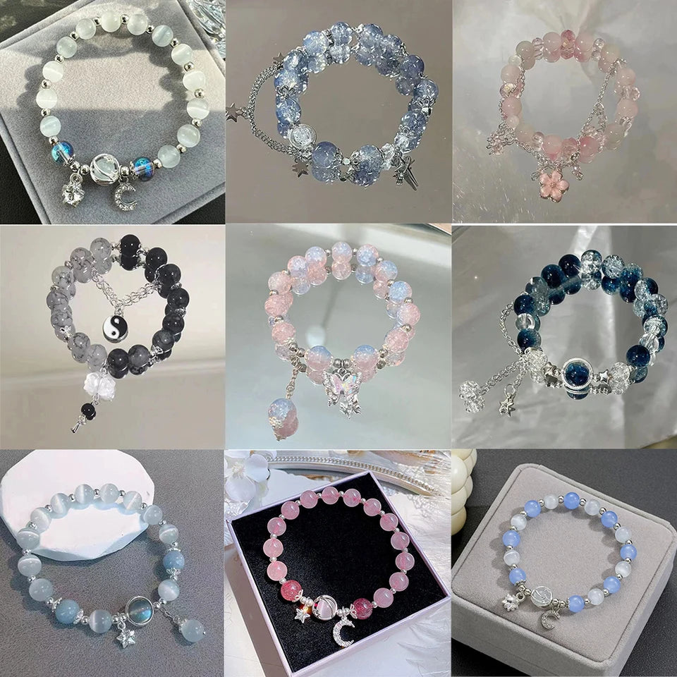 Fashion Girls Simple Beads Crystal Bracelet For Women Korean ins Flower Feather Tassel Bracelets Best Friend Jewelry Gift