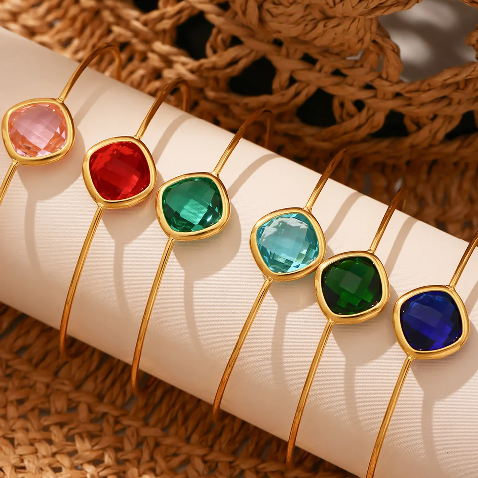 Colorful Glass Waterproof 18K Gold Plated Open Bangle Women's Multiple Styles 316 Stainless Steel Bracelet Female Luxury Jewelry