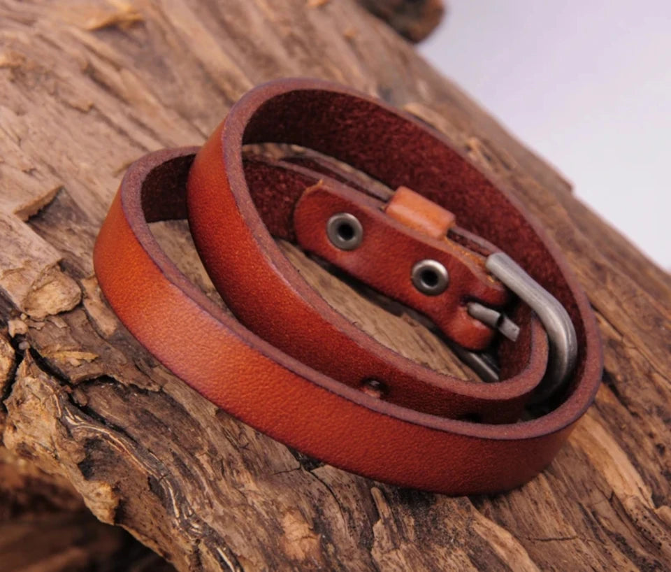 G522 Light Brown Punk Biker Cool Metal Buckle Double Wrap Leather Bracelet Cuff Men's