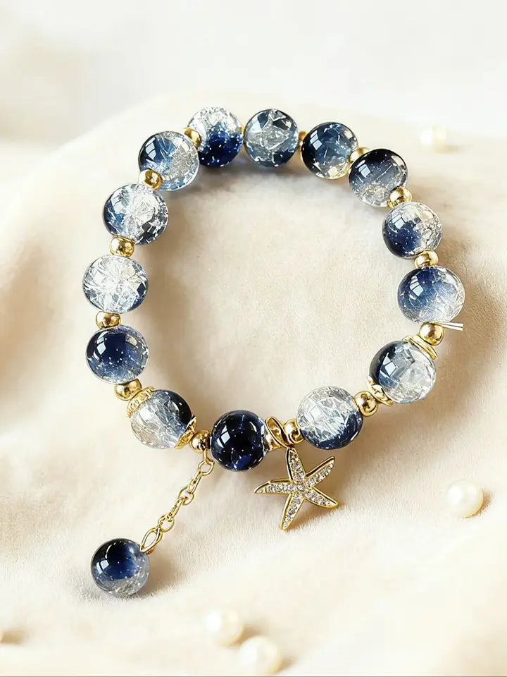 Bohemian Blue Gradient Crystal Beaded Bracelet Women Ocean Style Starfish Pendant Charm Bracelet Fashion Handmade Jewelry Gift