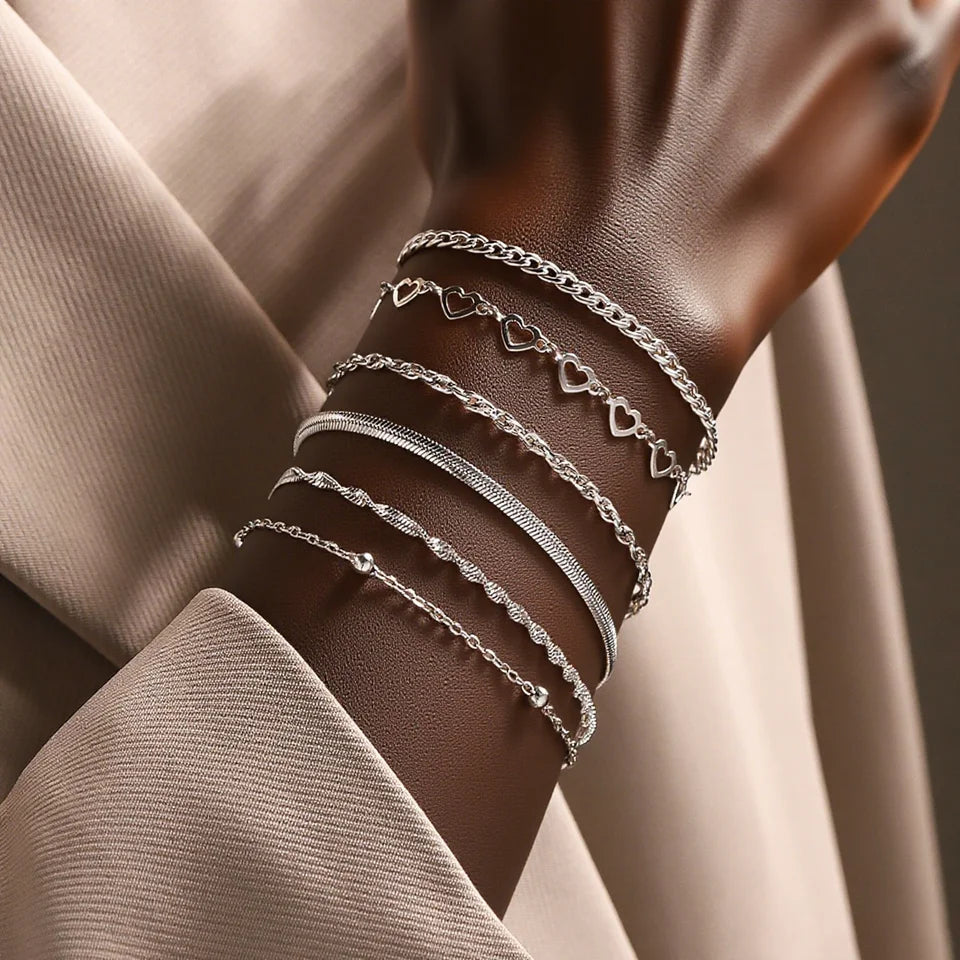 6pcs Stainless Steel Women's Chain Bracelet Set, Waterproof Jewelry, Fashionable Matching, Party, Holiday Gift