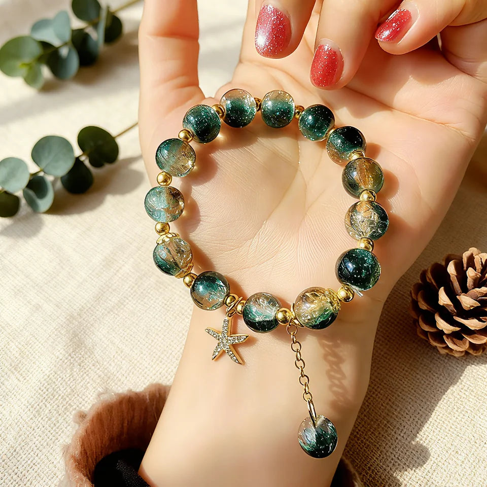 Bohemian Blue Gradient Crystal Beaded Bracelet Women Ocean Style Starfish Pendant Charm Bracelet Fashion Handmade Jewelry Gift