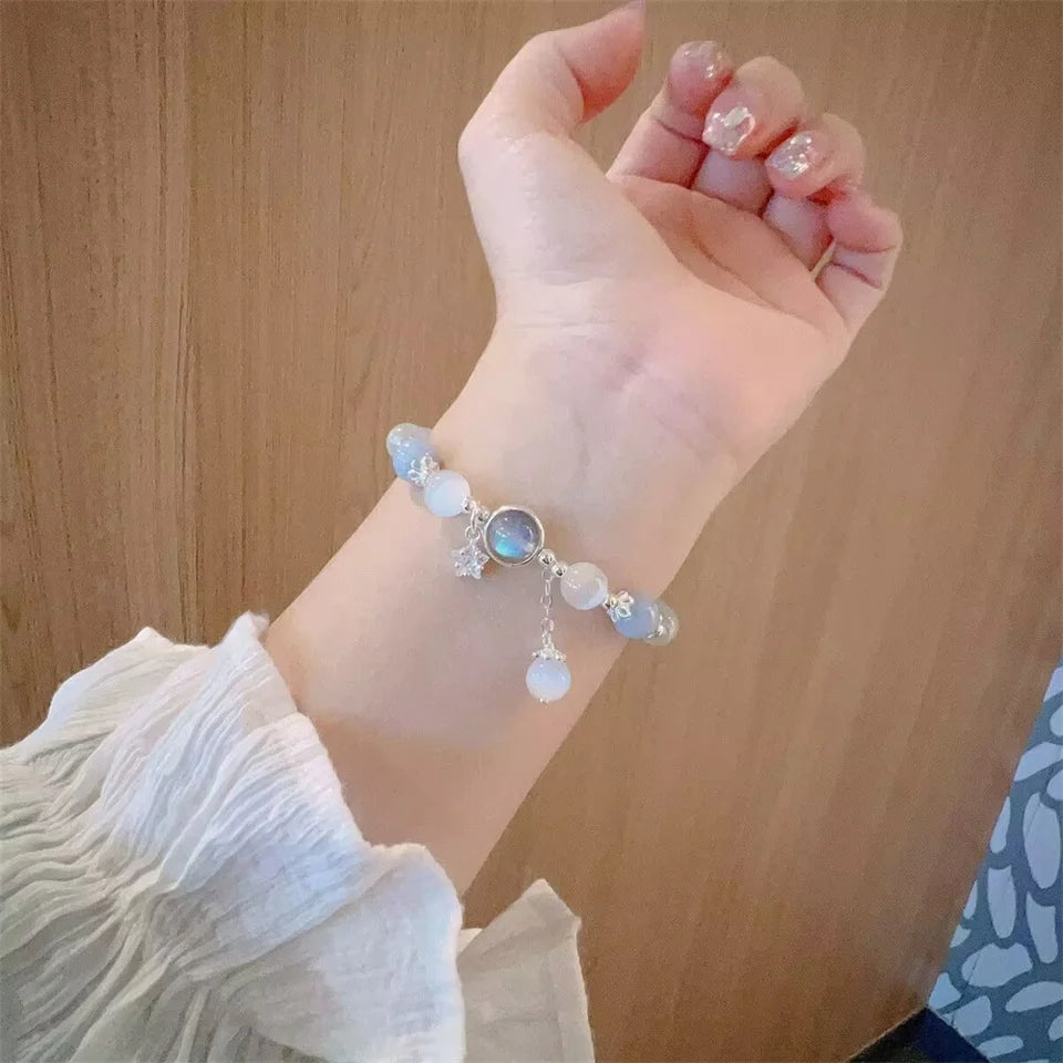 2025 Unique Dreamy Blue Moonstone Cat Eye Pendant Crystal Bead Bracelet Party Jewelry Gift For Women Men