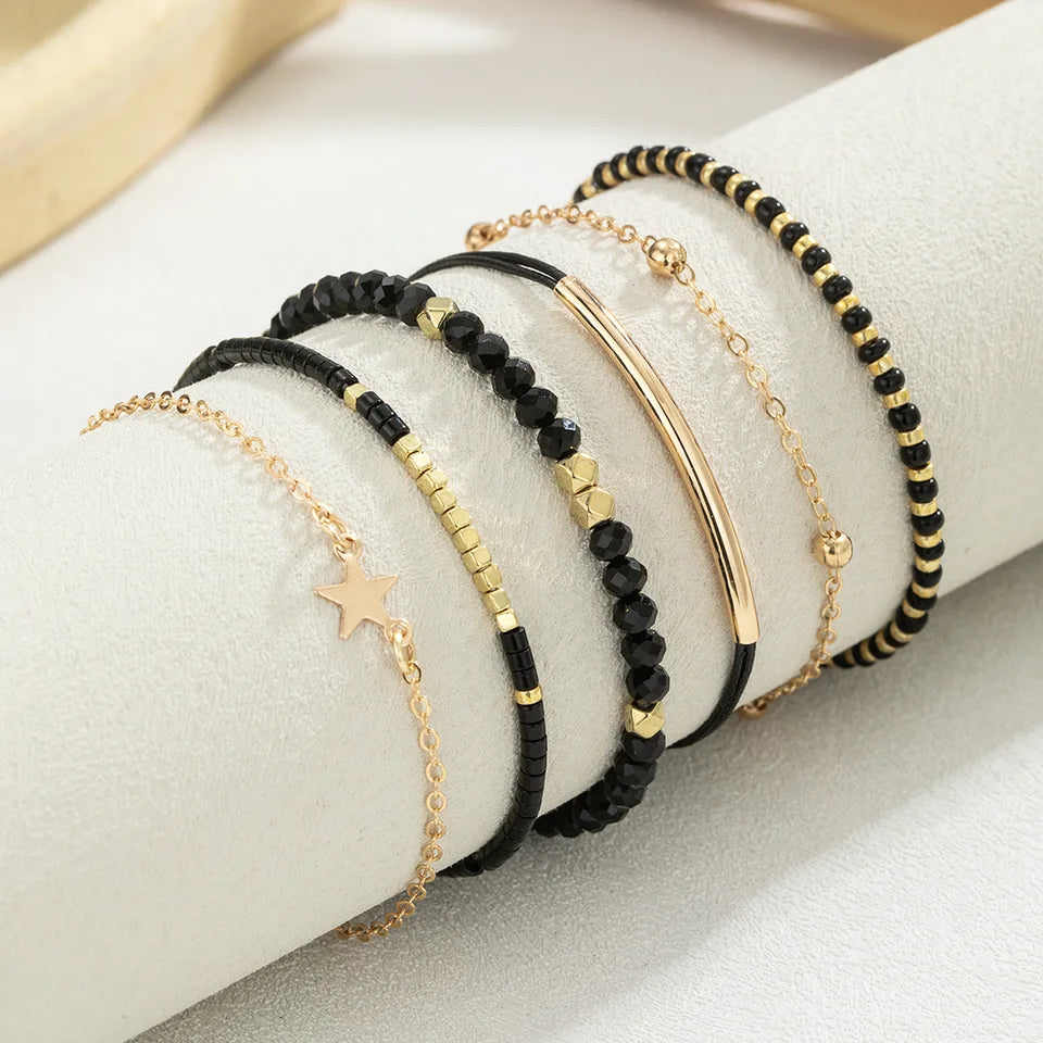 6Pcs Black Beads Chain Bracelet Set For Women Gold Color Star Charm Elastic Bangle Female Fashion Jewelry Gift