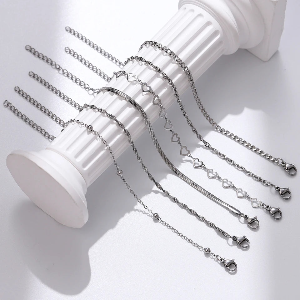 6pcs Stainless Steel Women's Chain Bracelet Set, Waterproof Jewelry, Fashionable Matching, Party, Holiday Gift