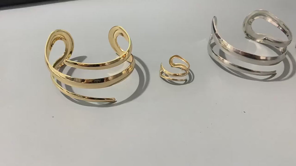 European and American Thick Bracelet and Ring Jewelry Set for Women Gold Color Geometric Line Bracelet Ring Combination Set Gift